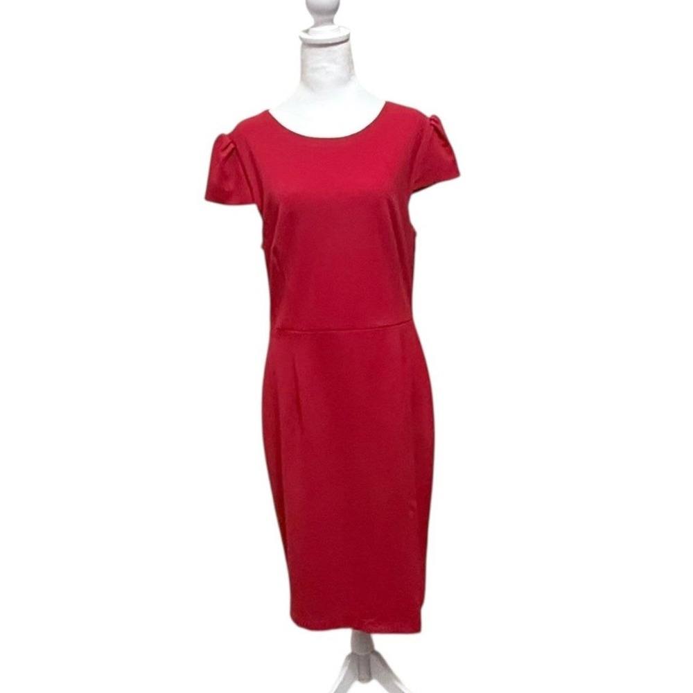 Betsey Johnson Dress 14 Red Sheath Short Sleeve Ruched Pencil Classic Cocktail